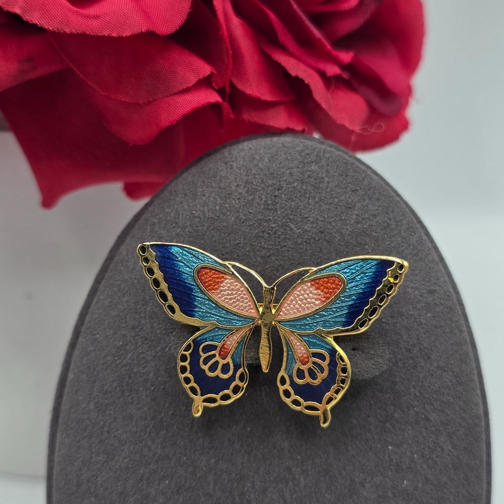 Enamel Butterfly Brooch Pin Gold Tone Blue Pink Orange Cloisonne Style Spring